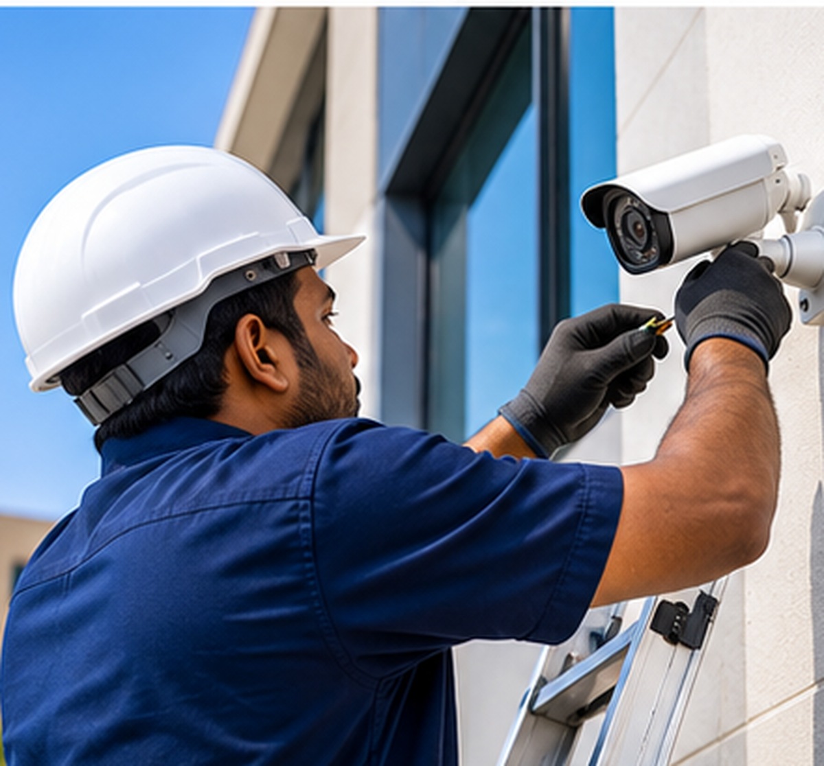 Technician in a helmet fixing a CCTV camera to a building wall