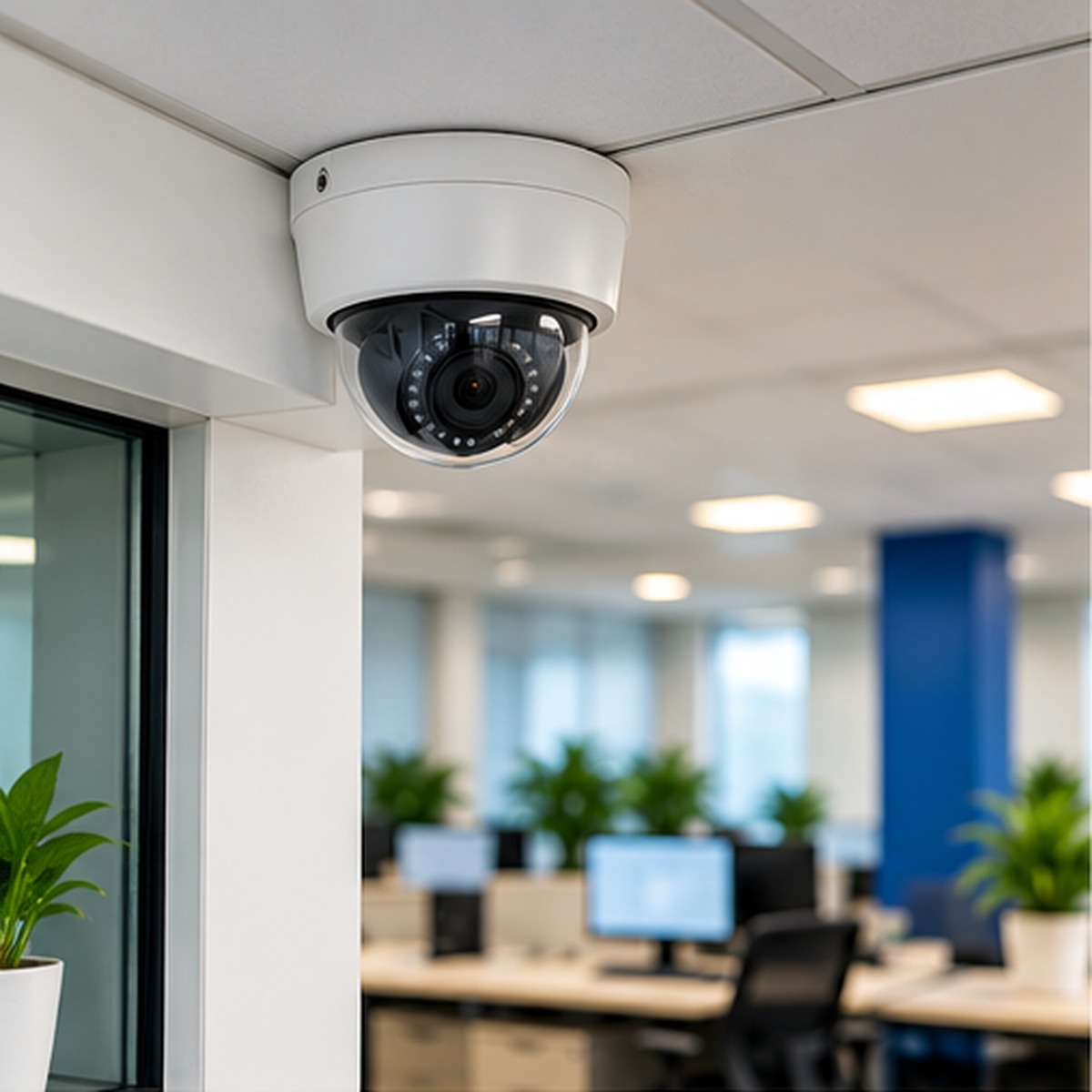 Dome security camera on the ceiling of a modern office