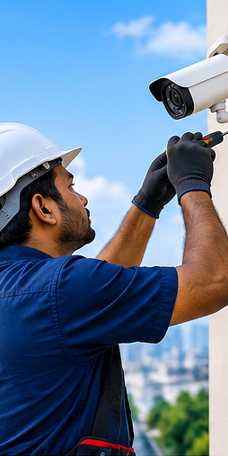 Technician in a helmet tightening a camera bracket on a wall