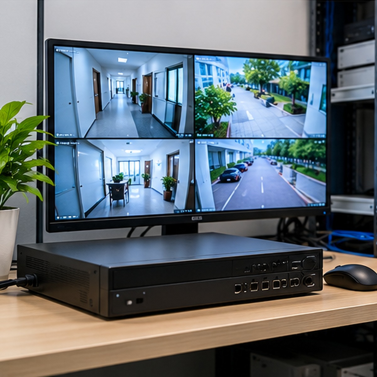 CCTV recorder and monitor showing a multi-camera view on an office desk