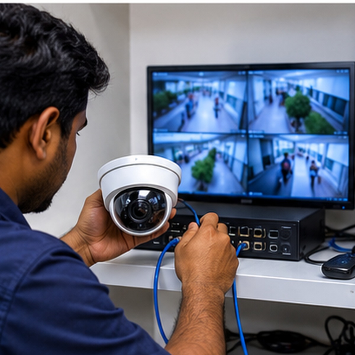 Technician connecting a dome camera to a network recorder beside a monitoring screen