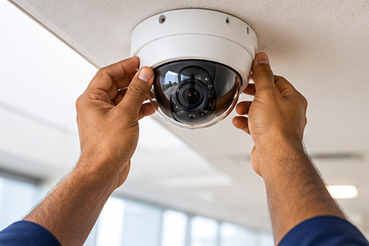 Hands fitting a dome camera to a ceiling