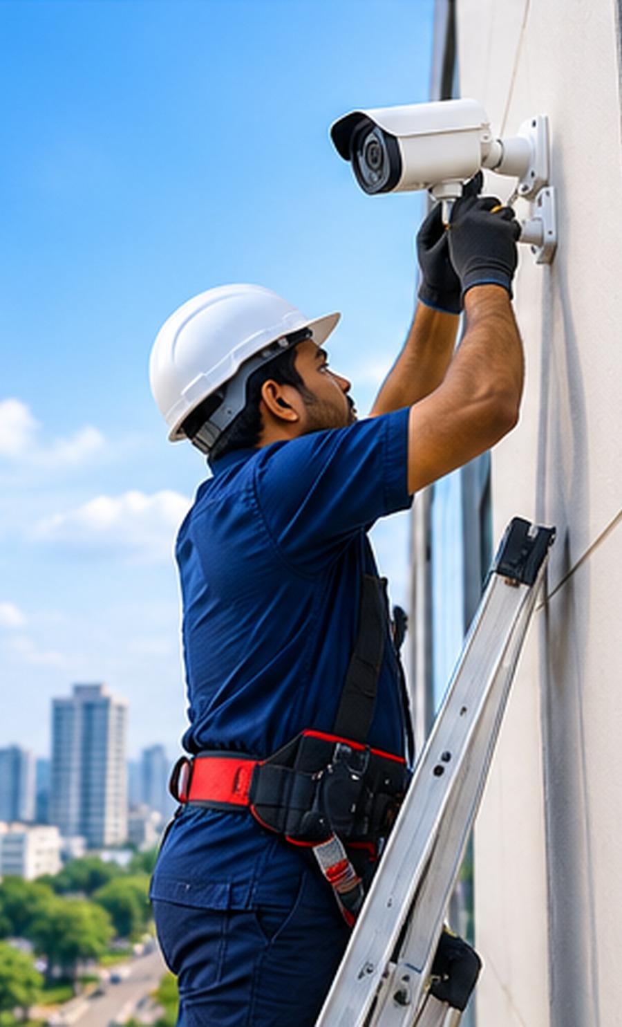 Installer on a ladder fitting a security camera to a building wall