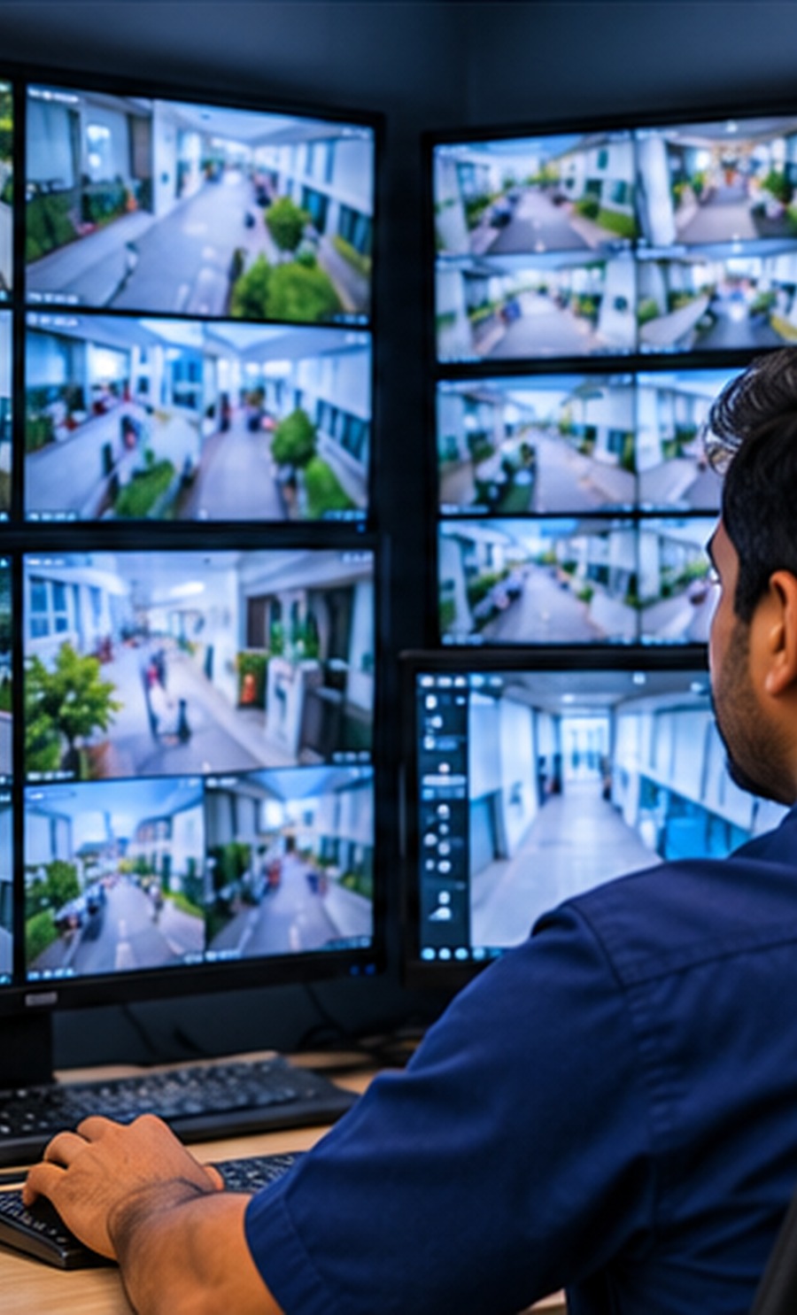Operator at a desk beside a wall of CCTV monitoring screens