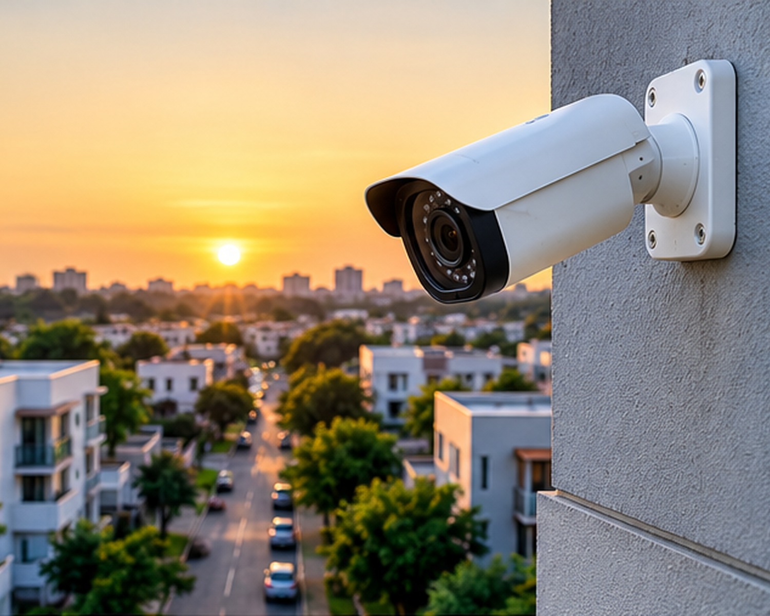 Bullet security camera on a building overlooking a residential street at sunset