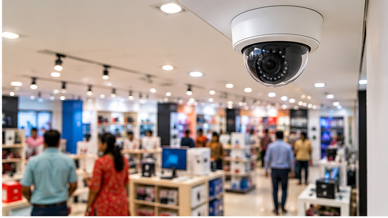Ceiling dome camera overlooking a busy retail store