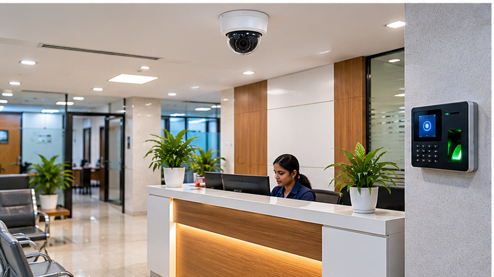 Office reception with a ceiling camera and a fingerprint attendance device