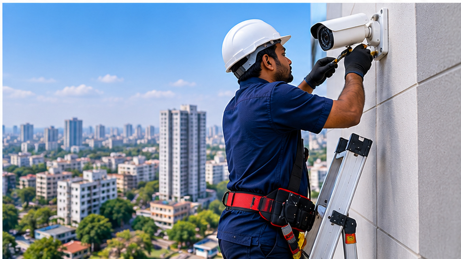 Technician on a ladder fitting a security camera to a tall building