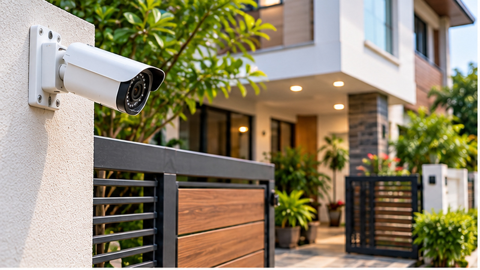 Security camera on a wall beside the gate of a modern home