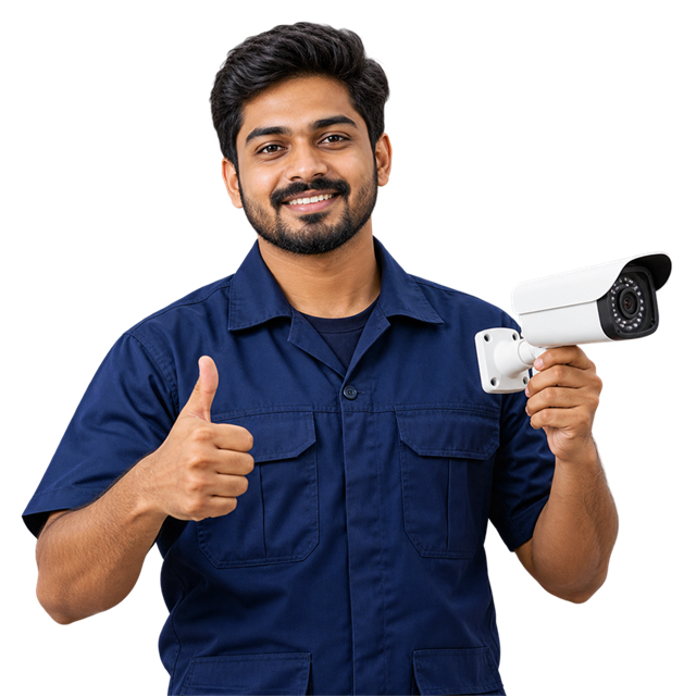 Smiling technician holding a CCTV camera and giving a thumbs-up