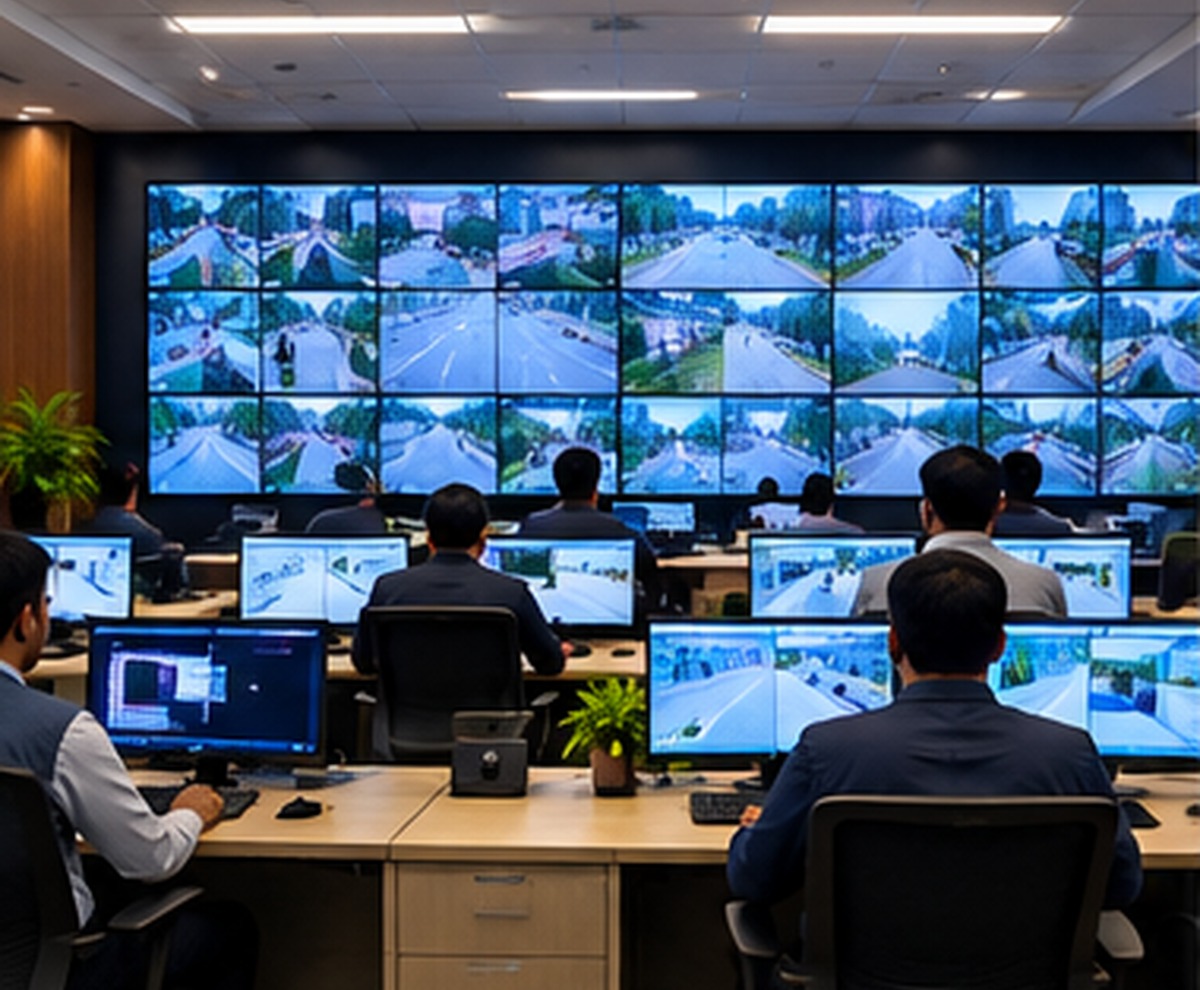 Representative CCTV monitoring control room with operators and a wall of screens