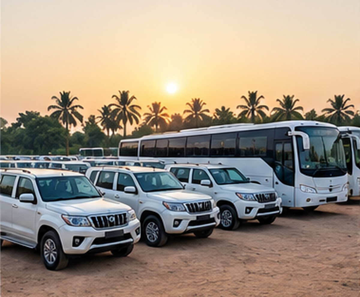 Representative vehicle arrangements with white SUVs and buses in a parking yard
