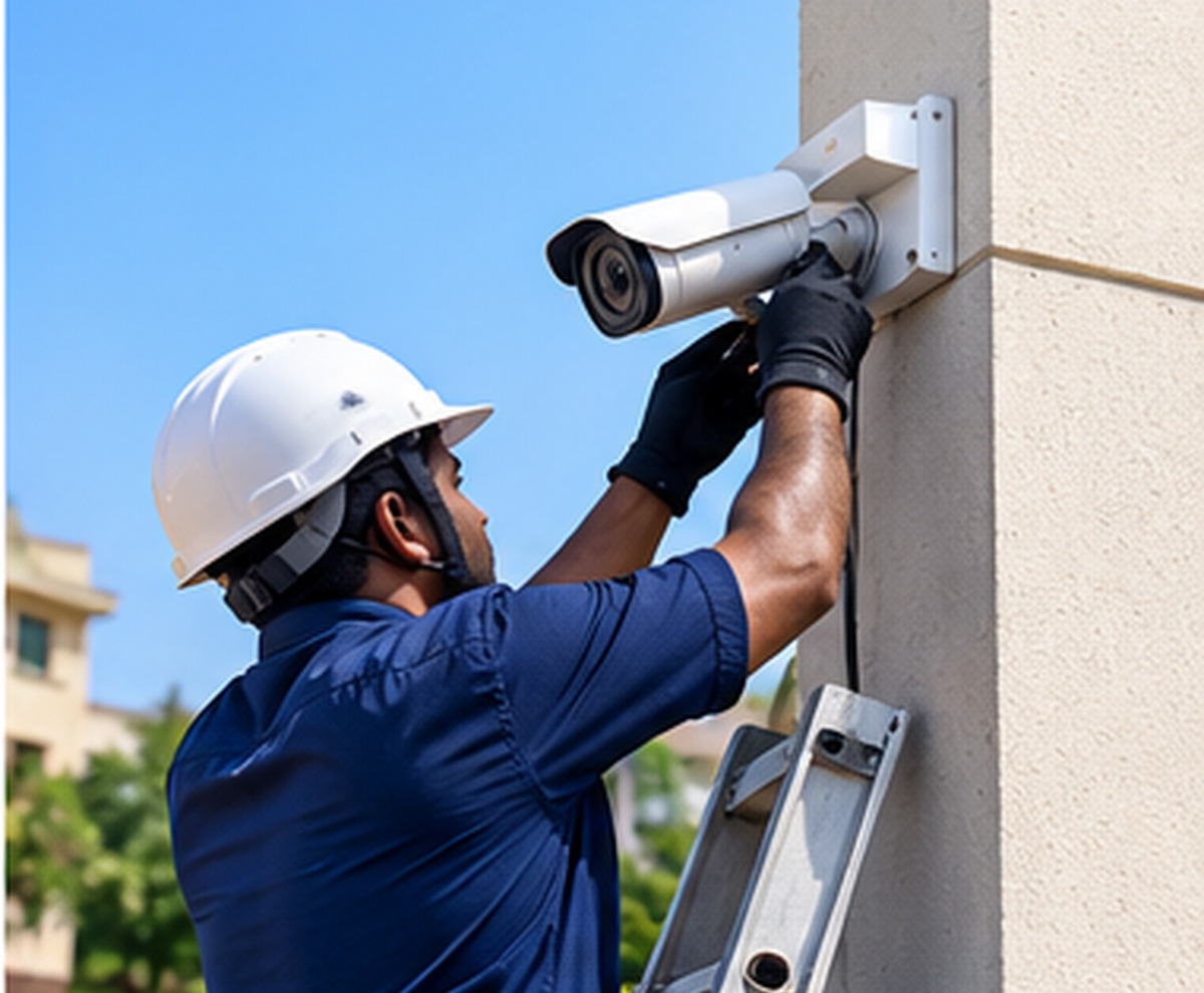 Representative CCTV camera installation on a pillar by a technician