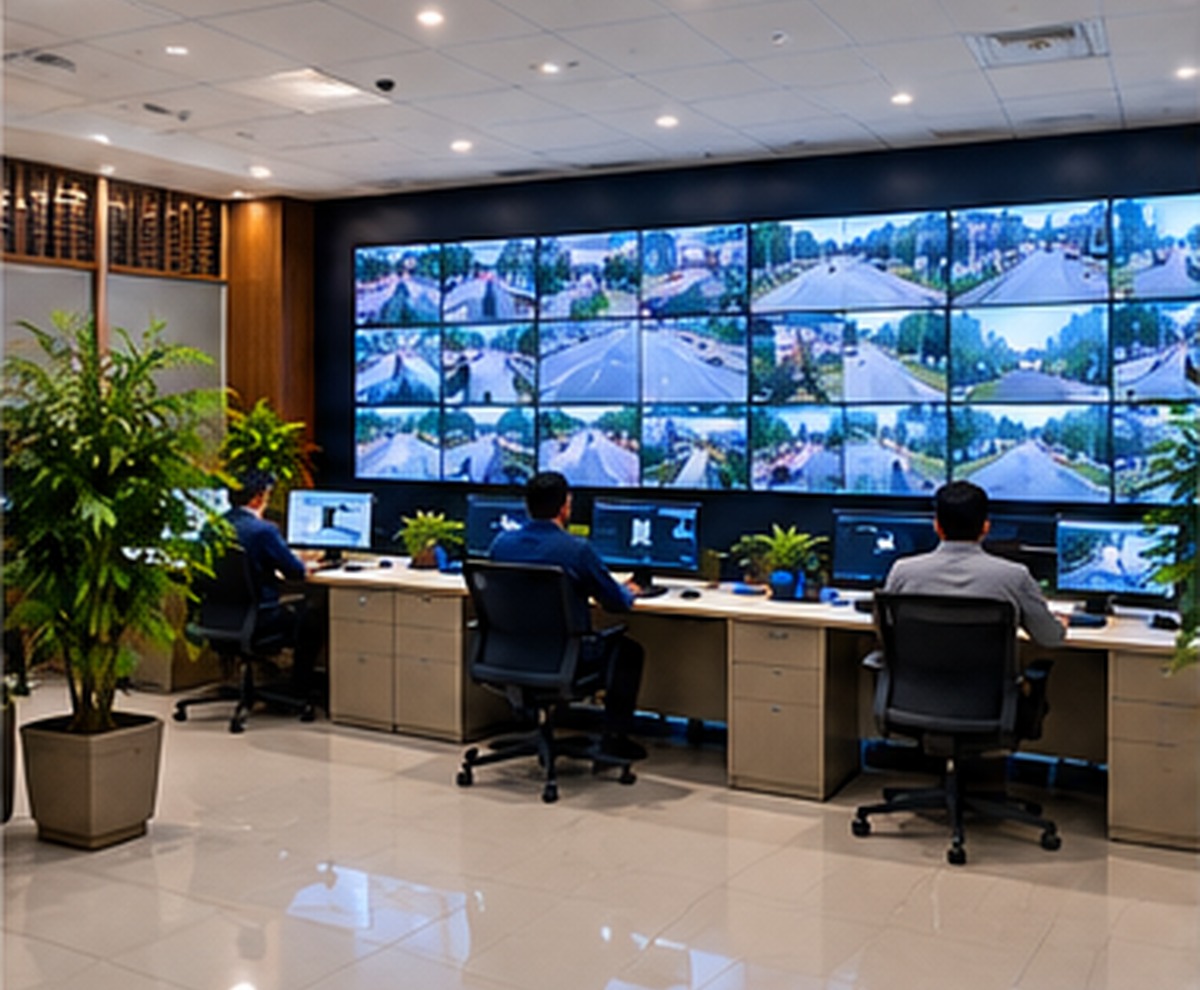 Representative control room with a large video wall and desks