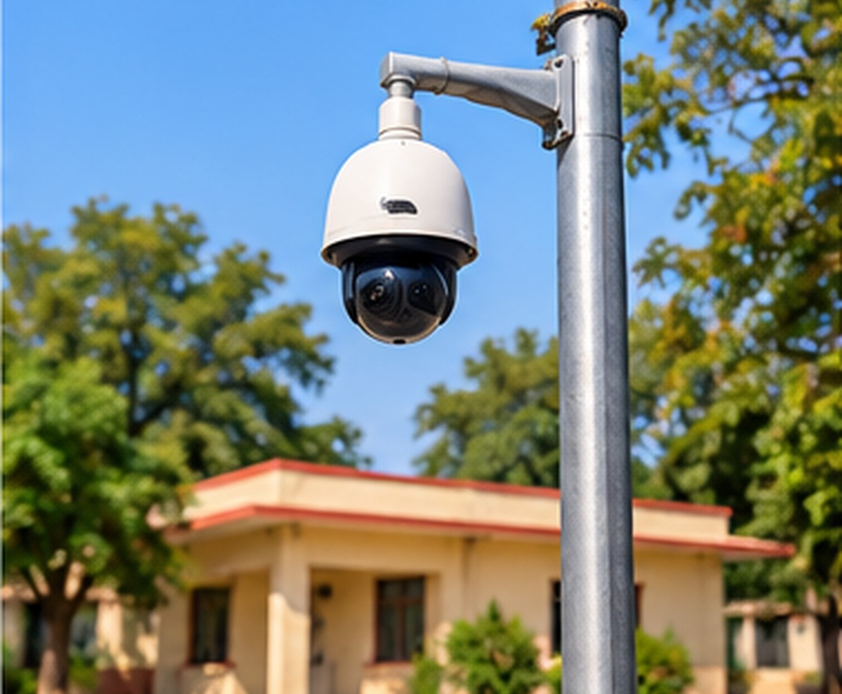 Representative dome CCTV camera on a pole near a small government building