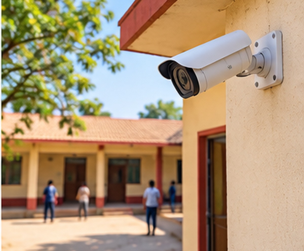 Representative CCTV camera on the wall of a single-storey community hall