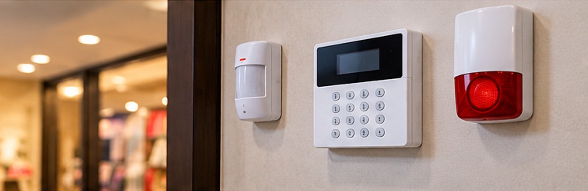 Burglar alarm keypad, motion sensor and siren on a shop wall