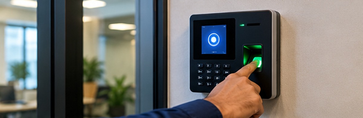 Fingerprint biometric attendance device mounted on an office wall