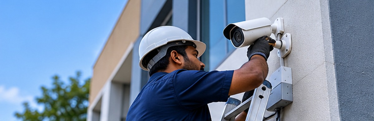 Technician in a helmet fixing a CCTV camera to a building wall