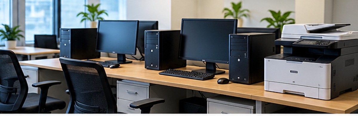 Office desks with desktop computers and a printer