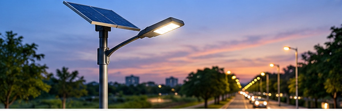 Solar-powered street light at dusk