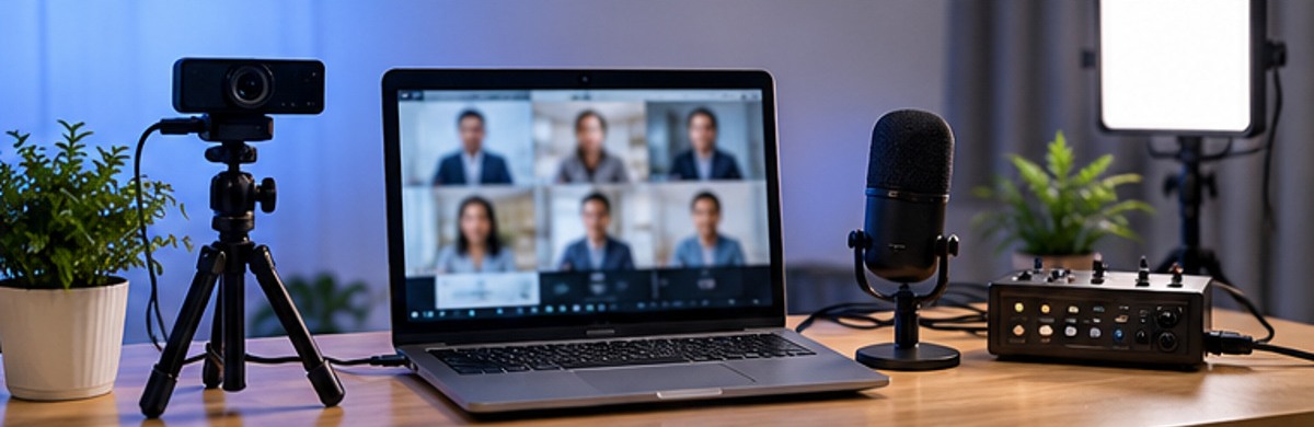 Laptop video call with webcam and microphone on a streaming desk
