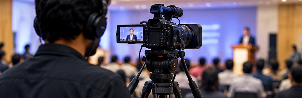 Video camera on a tripod recording an event in a hall