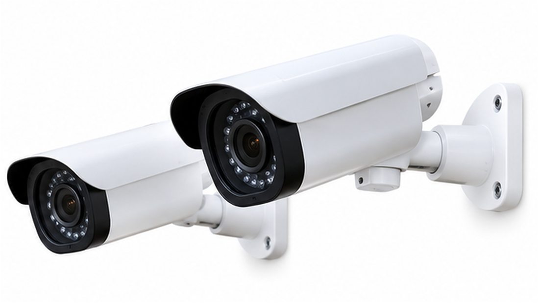 Two white bullet CCTV cameras on wall mounts